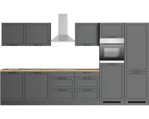 Cuisine complète avec éléments hauts et bas, hotte aspirante et four