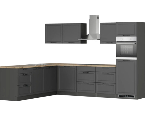 Cuisine complète avec éléments hauts, hotte aspirante, plan de travail et four encastrable