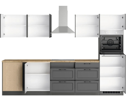 Cuisine équipée avec meuble sous-évier, tiroirs, four et hotte aspirante