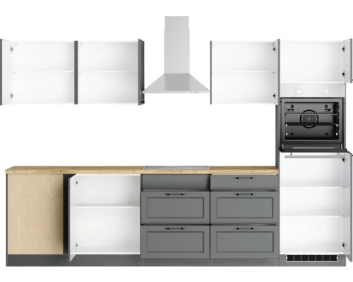 Küchenzeile mit Hängeschränken, Dunstabzugshaube, Herd und Spülenunterschränken