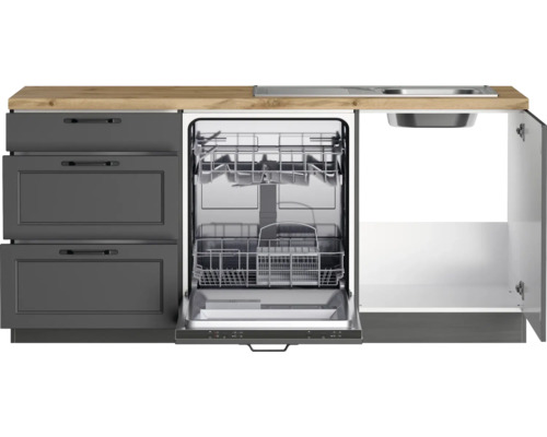 Küchenzeile mit Schubladen, Spülmaschine und Spüle