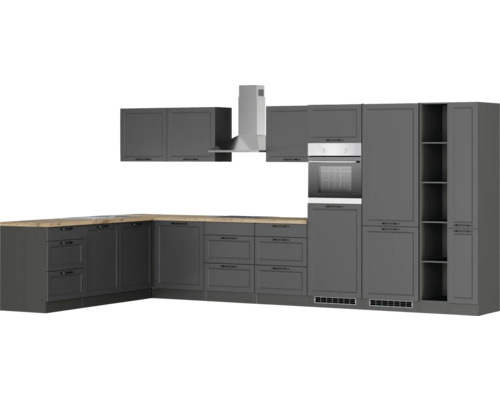 Komplette Küche mit Ober- und Unterschränken, Dunstabzugshaube und Backofen