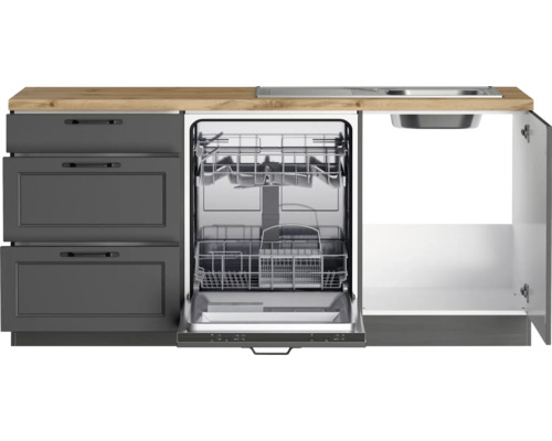 Küchenzeile mit Spüle, Geschirrspüler und Unterschränken