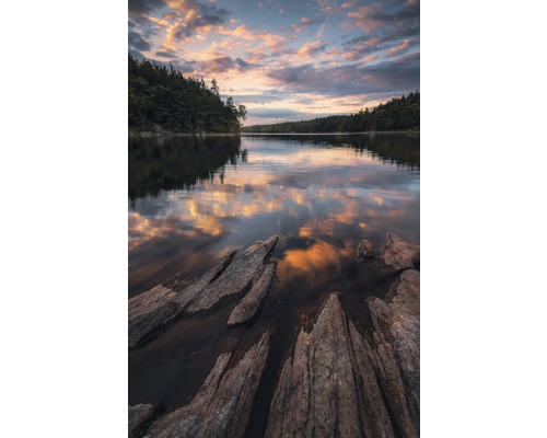 Landschaft mit See, Wald und bewölktem Himmel bei Sonnenuntergang.