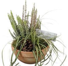 Arrangement funéraire avec bruyère, conifère, herbe, pomme de pin et décoration tombale dans une jardinière en terre cuite