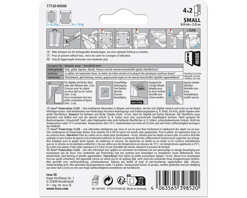 tesa Powerstrips CLICK small 4x2, convient au plâtre, aux papiers peints lisses, au métal, au carrelage et aux plastiques