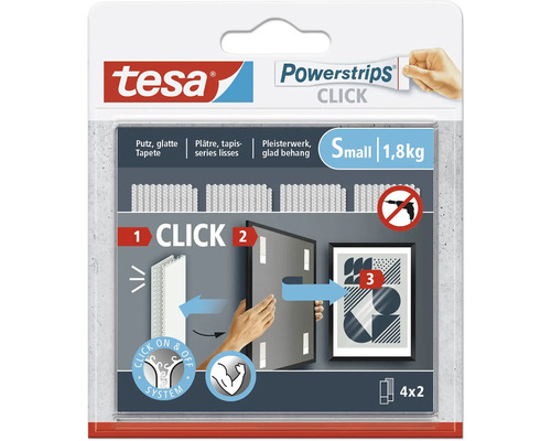 tesa Powerstrips Click Small 6 x 2 cm charge 1,8 kg 4 x 2 pces Tesa Powerstrips Click, emballage pour plâtre, tapisseries lisses et plâtrerie