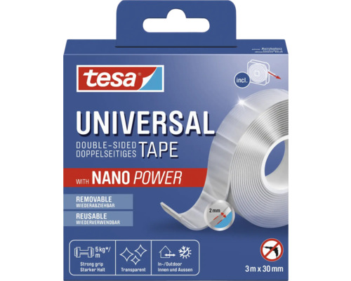 Ruban adhésif universel tesa avec Nano Power 3 m x 30 mm Ruban adhésif double face universel Tesa avec Nano Power, 3 mètres sur 30 millimètres