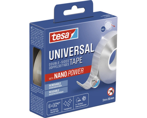 Tesa Universal ruban adhésif double face avec Nano Power, 3 mètres x 30 millimètres