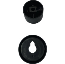 Deux fixations en plastique noir présentées sous différents angles