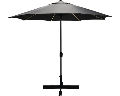 Parasol à mât central SOLUNA Luneau avec éclairage LED Ø 300 cm gris avec protection anti-UV 80, entoilage polyester hydrofuge, facile à tendre à l'aide de la manivelle