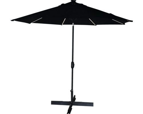 Parasol à mât central SOLUNA Luneau avec éclairage LED Ø 300 cm noir avec protection anti-UV 80, entoilage polyester hydrofuge, facile à tendre à l'aide de la manivelle