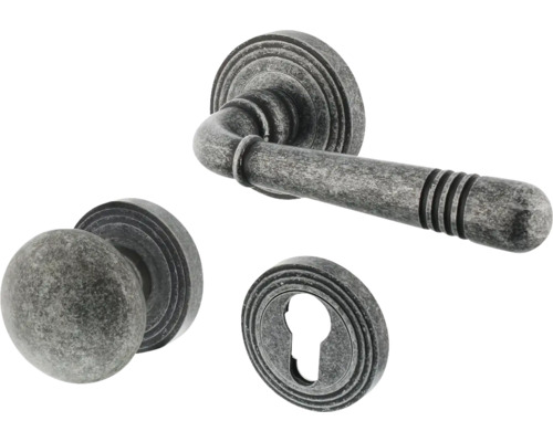 Poignée sur rosace et bouton Intersteel Helena profil cylindré gauche vieux gris Ensemble de ferrures de porte avec poignée de porte, bouton rotatif et rosette de clé