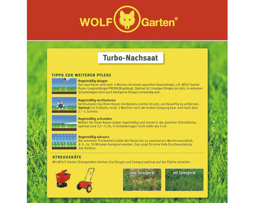 Informations sur l''entretien du gazon avec des conseils sur la fertilisation, le démoussage, la tonte et l''arrosage, ainsi que sur l''utilisation des épandeurs Wolf Garten.