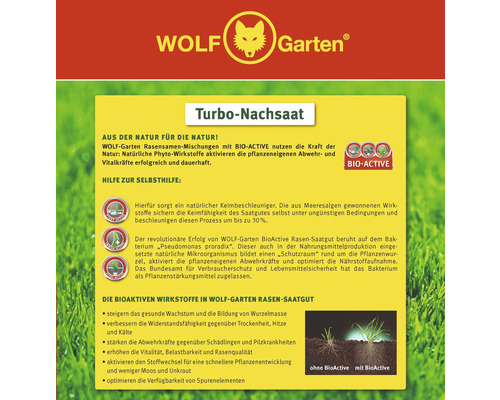 Informations sur le produit Wolf Garten Turbo-Nachsaat avec formule Bio Active pour activer les défenses des plantes