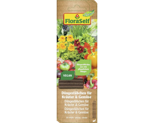 Bâtonnets d'engrais FloraSelf Nature pour fines herbes et légumes, sans ingrédients d'origine animale (vegan), 30 pces