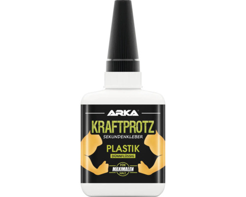 Colle instantanée ARKA Kraftprotz plastique très fluide 50 g Colle instantanée Kraftprotz pour plastique dans une bouteille blanche