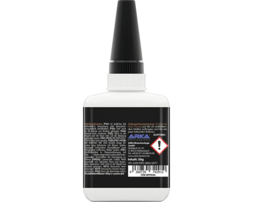 Flüssigklebstoff in einer Kunststoffflasche mit Sicherheitsinformationen