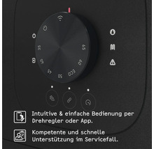 Nahaufnahme eines schwarzen Drehreglers mit verschiedenen Einstellungen und Symbolen für ein Heizgerät