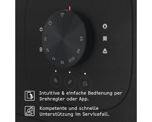 Nahaufnahme eines schwarzen Drehreglers mit verschiedenen Einstellungen und Symbolen für ein Heizgerät