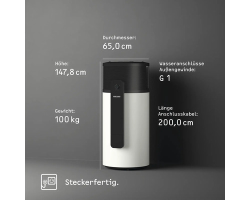 Warmwasserspeicher mit den Massen Durchmesser 65,0 cm, Höhe 147,8 cm und Gewicht 100 kg