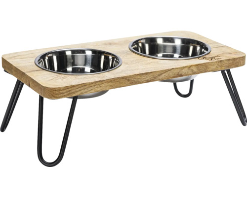 Double écuelle Designed by Lotte Dinnerset Linga support à écuelle en bois env. 20 x 31 x 10 cm avec 2 écuelles acier inoxydable, adapté au lave-vaisselle, respectivement 160 ml