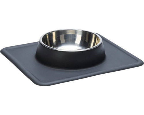 Gamelle en acier inoxydable avec support noir sur un dessous de plat