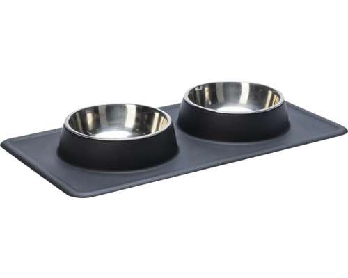 Double gamelle Karlie Dinnerset Dex support à écuelle en silicone noir env. 44 x 23 x 4,5 cm avec 2 écuelles inox, adapté au lave-vaisselle, respectivement 350 ml