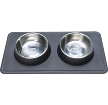 Double gamelle Karlie Dinnerset Dex support à écuelle en silicone noir env. 44 x 23 x 4,5 cm avec 2 écuelles inox, adapté au lave-vaisselle, respectivement 350 ml