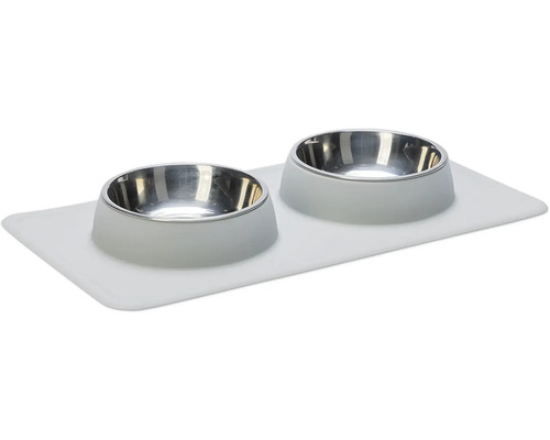 Double gamelle Karlie Dinnerset Dex support à écuelle en silicone gris env. 44 x 23 x 4,5 cm avec 2 écuelles inox, adapté au lave-vaisselle, respectivement 350 ml