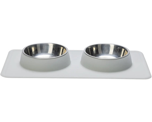 Doppelter Futternapf für Haustiere mit Edelstahlschalen auf einer Unterlage