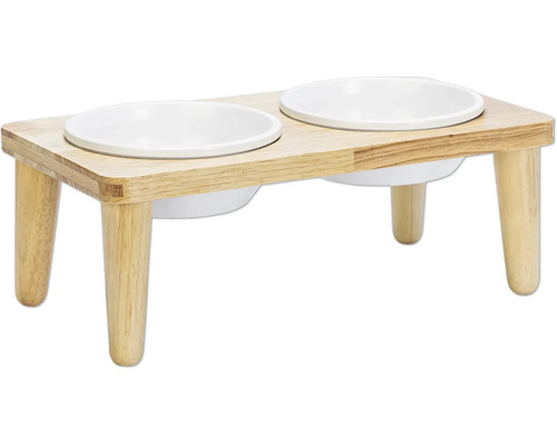Double écuelle Designed by Lotte Dinnerset Djeha support à écuelle en bois env. 40 x 21 x 15 cm avec 2 écuelles en céramique, adapté au lave-vaisselle env. 16 x 16 x 6,5 cm, respectivement 550 ml Gamelle double en bois avec bols en céramique blancs pour animaux de compagnie