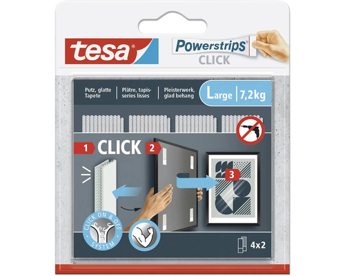 tesa Powerstrips Click Large 8,5 x 2 cm charge 7,4 kg 4 x 2 pces Tesa Powerstrips Click, grands rubans adhésifs pour suspendre des objets pesant jusqu''à 7,2 kilogrammes