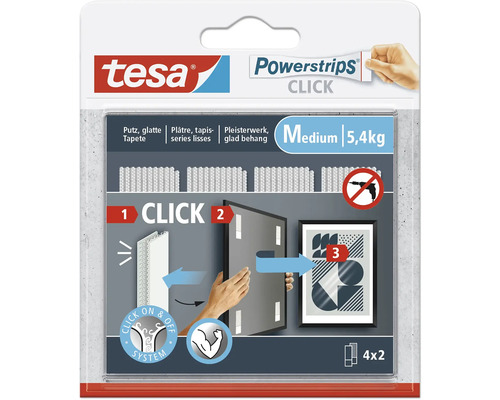 tesa Powerstrips Click Medium 8 x 2 cm charge 5,4 kg 4 x 2 pces Tesa Powerstrips Click Medium, pack pour accrocher des objets sans percer