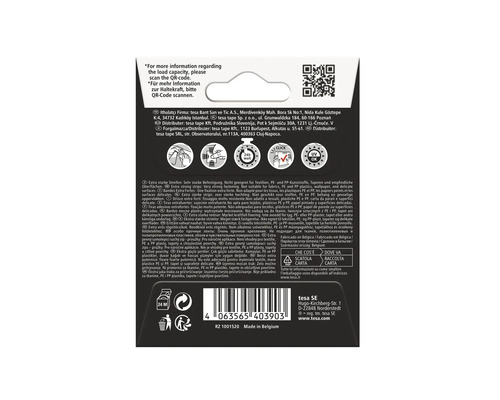 Informationen zur Tragkraft und Haltekraft per QR-Code. Hinweis zum Ausschluss von Textilien, bestimmten Kunststoffen, Tapeten und empfindlichen Oberflächen. Hergestellt in Belgien.