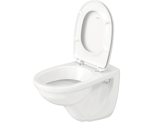 Wandhängendes Tiefspülklosett mit offenem Spülrand und hochgeklapptem Toilettendeckel