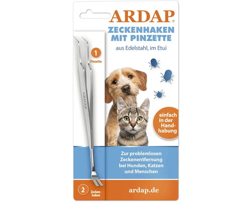 Retire-tiques ARDAP® crochet à tiques avec pincette acier inoxydable 1 unité levier à tiques dans un étui en cuir de qualité pour retirer les tiques sans problèmes sur les chiens, les chats et les humains Crochet à tiques Ardan avec pince à épiler pour enlever les tiques chez les chiens, les chats et les humains