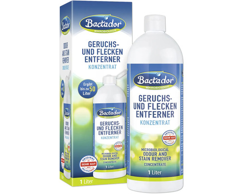 Fleckenentferner Bactador® Geruchs- und Fleckenentferner Konzentrat 1 L mikrobiologisches Mittel gegen Gerüche und Flecken in Tierumgebung & Haushalt Fleckenentferner Bactador® Geruchs- und Fleckenentferner Konzentrat 1 L mikrobiologisches Mittel gegen Gerüche und Flecken in Tierumgebung & Haushalt