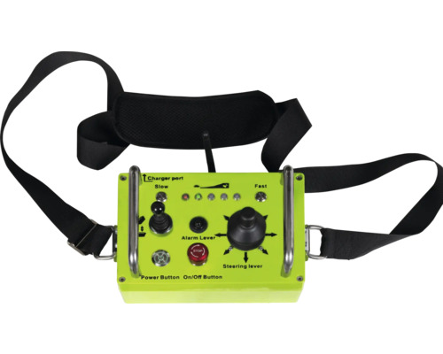 Boîtier de commande jaune avec bandoulière, régulateur de vitesse, levier d''alarme et levier de direction.