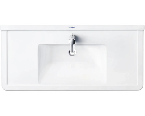 Aufsicht eines weißen Waschtischs mit Armatur