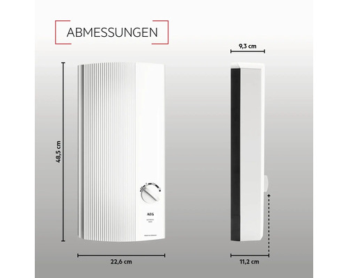 Abmessungen des AEG Kleinspeichers mit den Maßen 48,5 cm Höhe, 22,6 cm Breite, 9,3 cm Tiefe und 11,2 cm Länge.