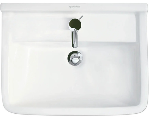 Vue de dessus d''un lavabo en céramique blanche avec robinetterie et garniture de vidange