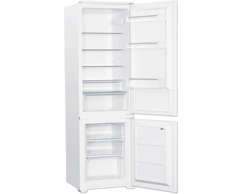 Geöffneter weisser Kühlschrank mit mehreren Regalen und Gefrierfach