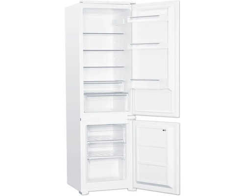 Réfrigérateur blanc ouvert avec étagères et tiroirs