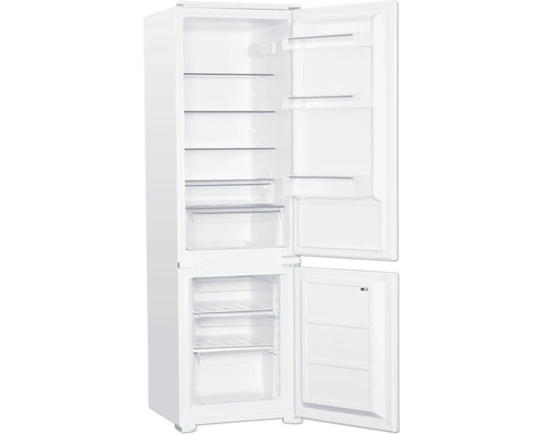 Offener, weißer Kühl- und Gefrierschrank mit Glasablagen und transparenten Schubladen