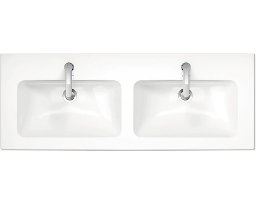 Aufsicht auf Doppelwaschbecken mit zwei Armaturen