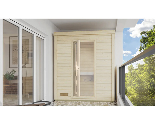 Saunahaus Karibu Talos 0 inkl. 9 KW Ofen u.integr.Steuerung und Holztür und Isolierglas Holzsauna mit geöffneter Glastür auf einem Balkon