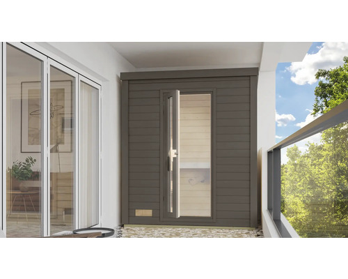 Saunahaus Karibu Talos inkl. 9 KW Ofen u.integr.Steuerung und Holztür und Isolierglas terragrau Aussenansicht einer Gartensauna mit geöffneter Tür