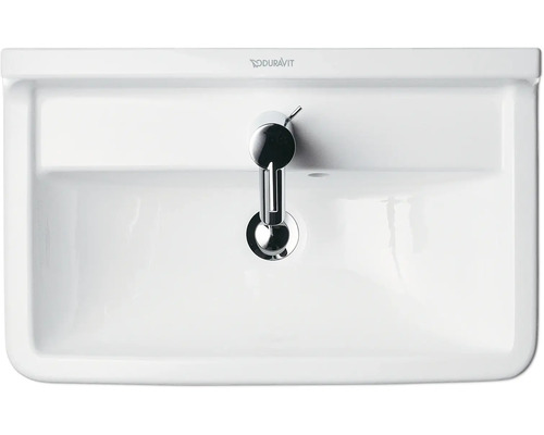 Vue de dessus d''un lavabo en céramique blanche avec un robinet chromé et le logo Duravit