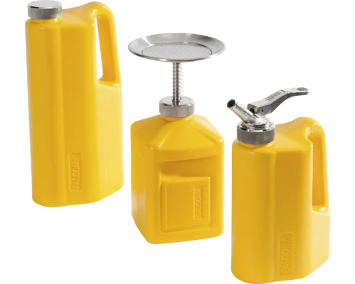 Trois bidons d''huile Falcon jaunes avec différents accessoires